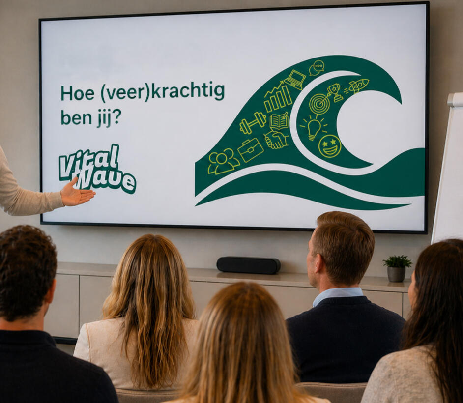 VitalWave presentatie voor bedrijven Marc van VitalWave geeft een interactieve presentatie over stress, energie en prestaties op de werkvloer
